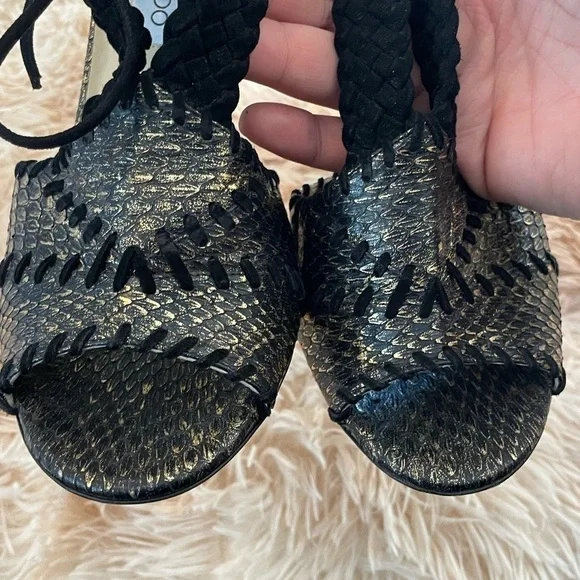 JIMMY CHOOBlack & Gold Snake Skin Print Suede Peep Toe Lace Up Heels39.5 9